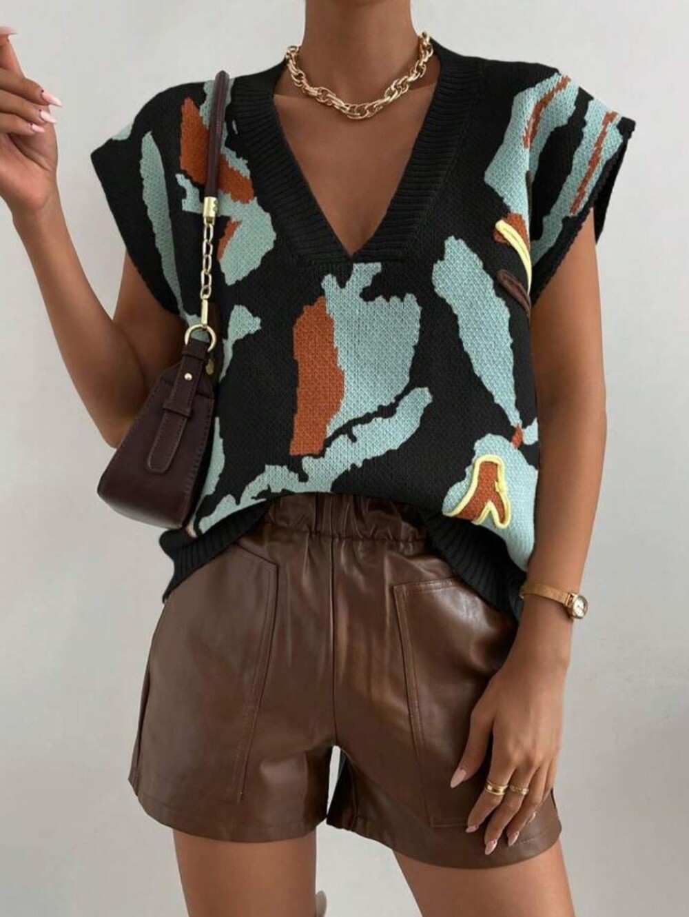 SHEIN Black V-Neck Knit Sweater Vest with Aqua & Rust Colorblock